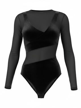 naked wardrobe Black Mesh & Velvet Long-Sleeve Bodysuit